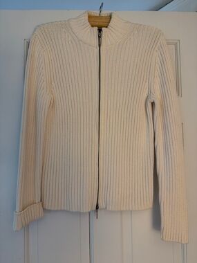 Ann Taylor Cream Ribbed Zip-Front Cardigan